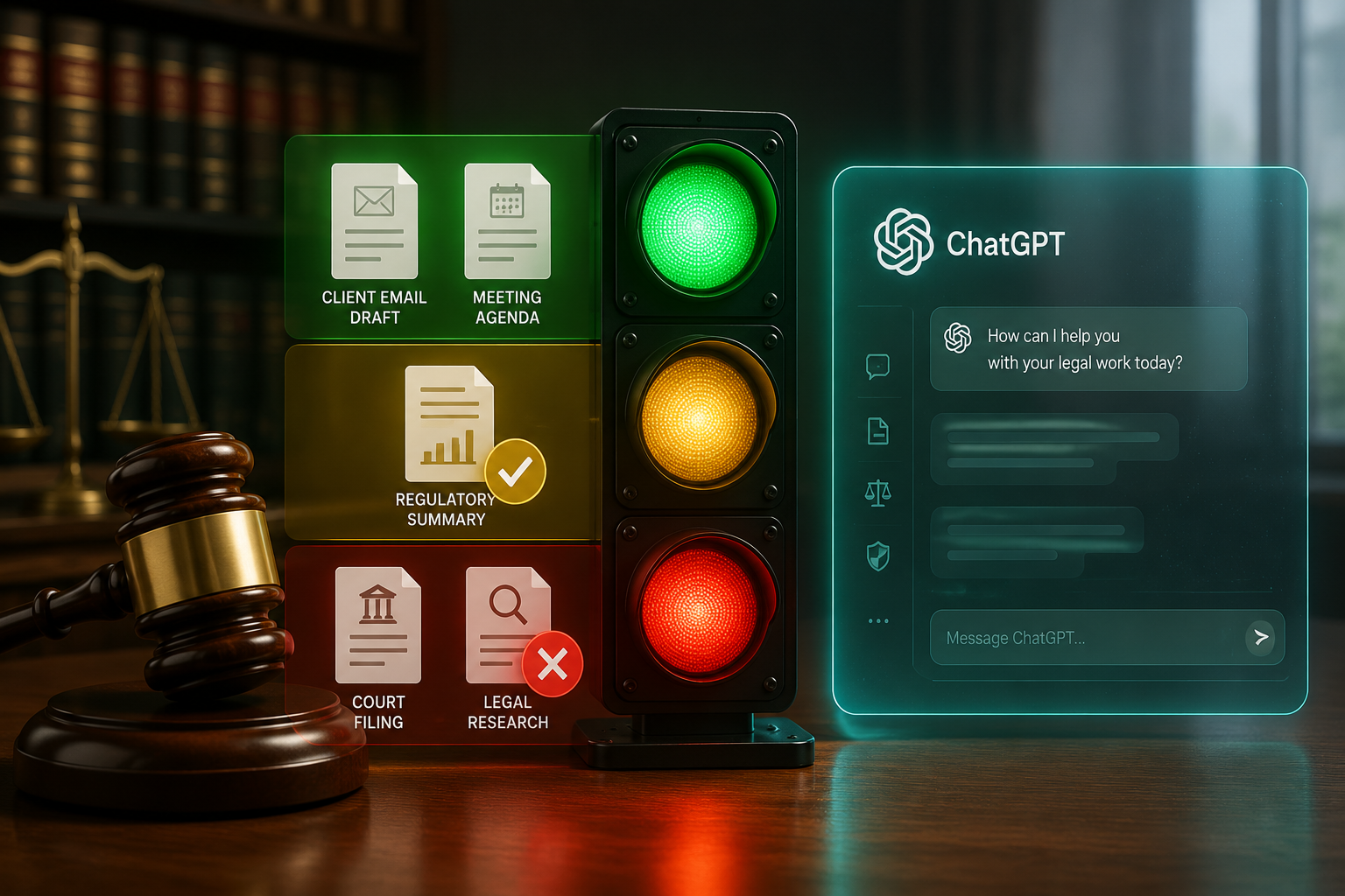 Gavel beside a ChatGPT interface and green yellow red legal task tiers