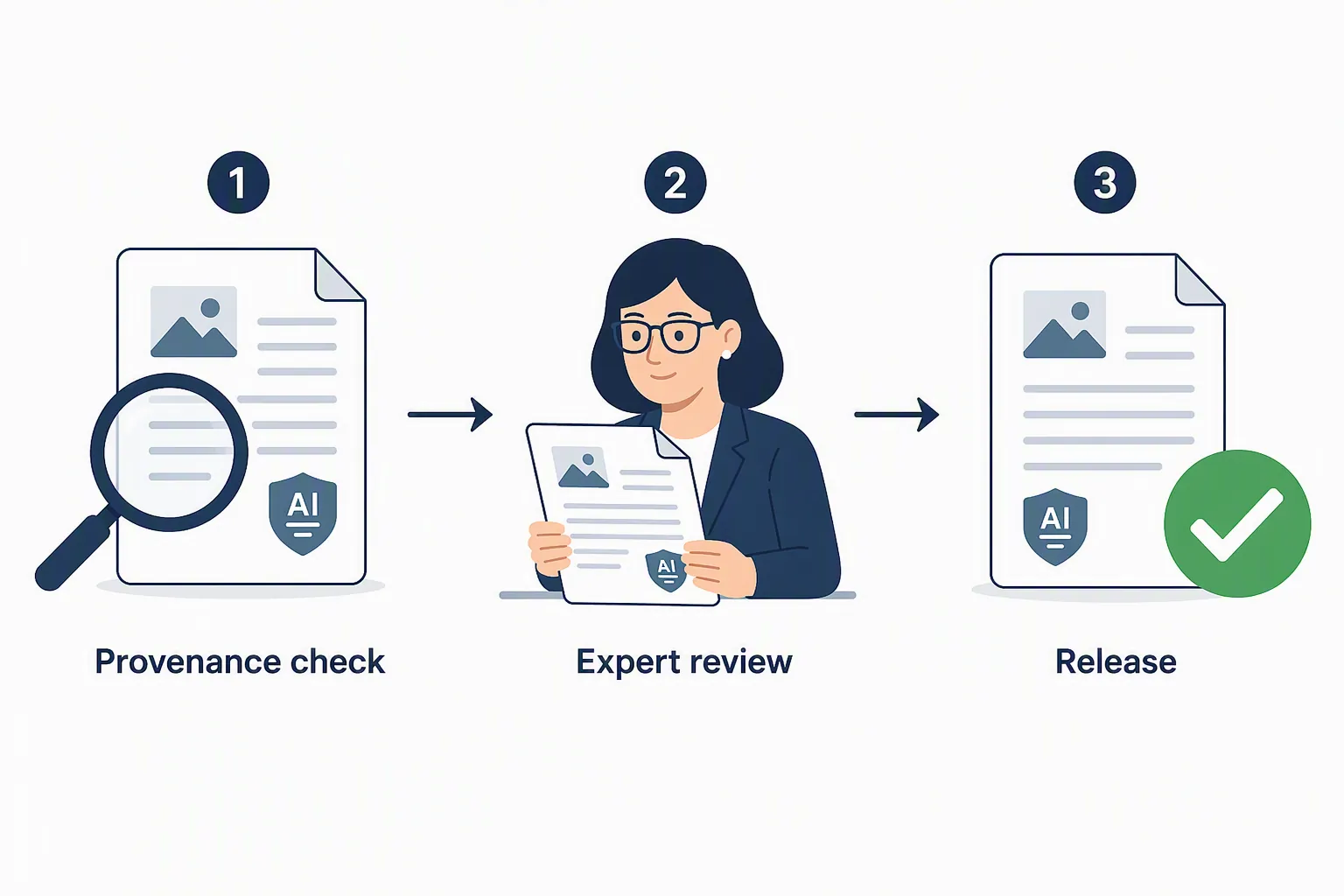 Three-step verification workflow for AI-generated content before release