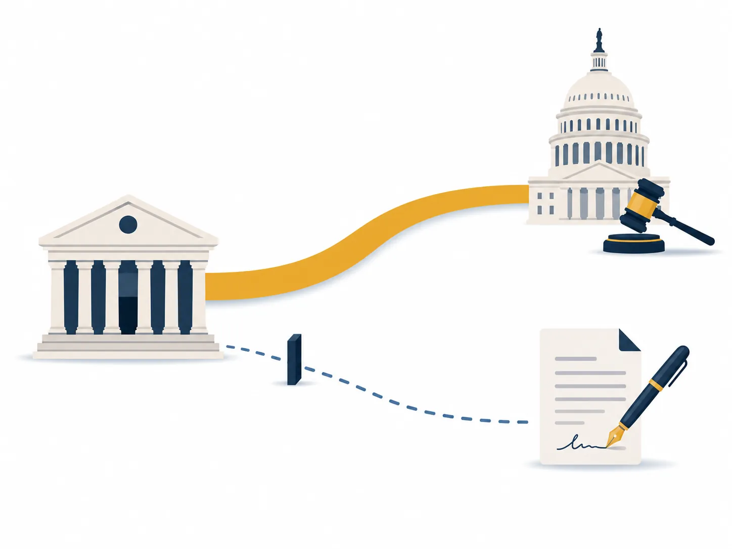 Agency building path splitting toward Congress and an executive pen stopped by a barrier