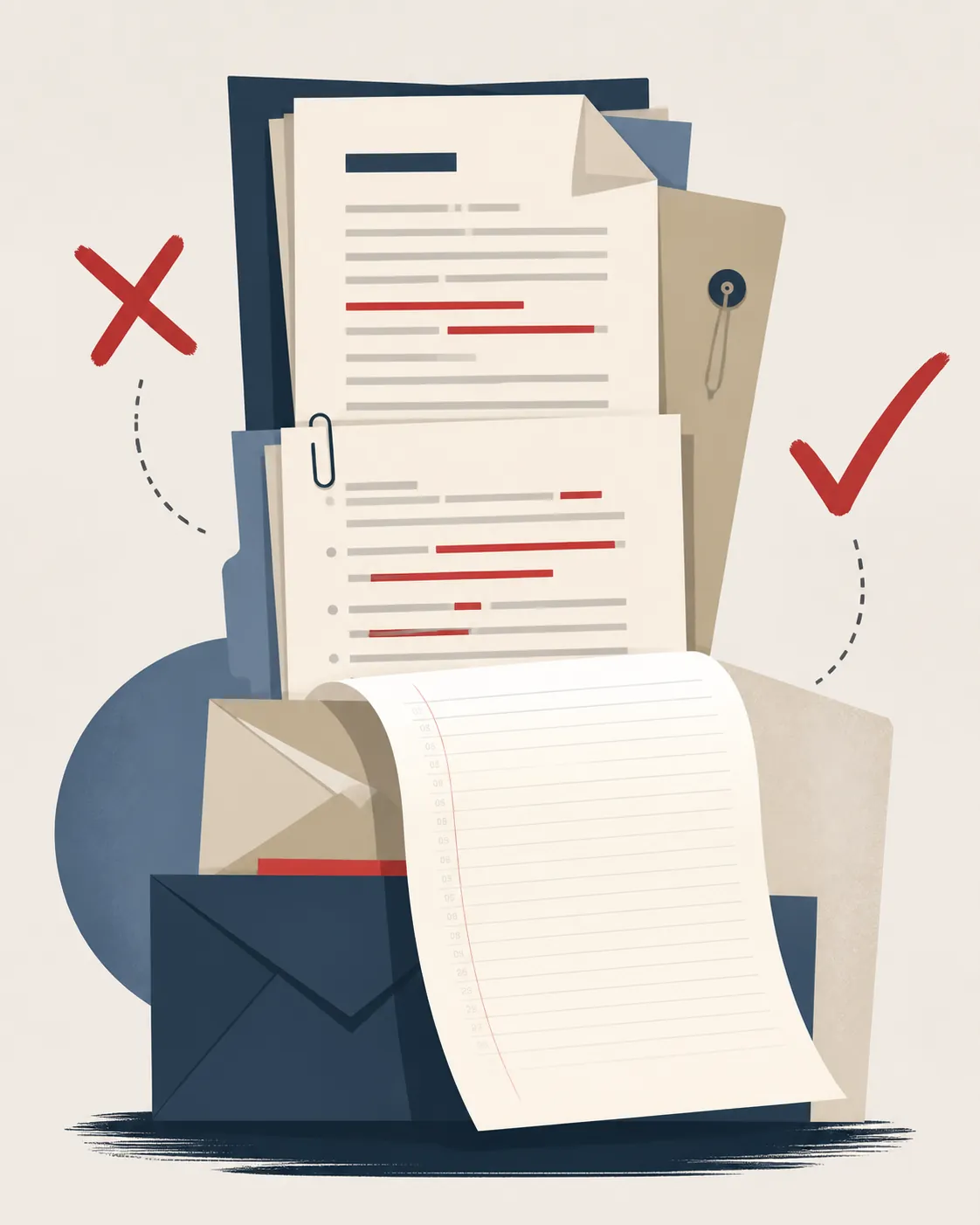 Stack of legal documents with red highlights and conflicting check and X marks