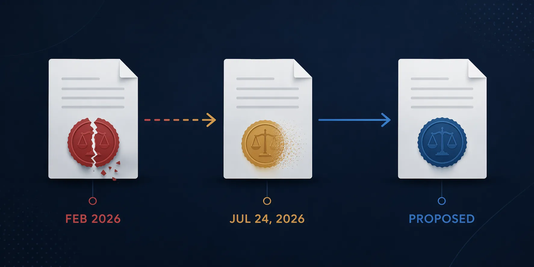 Timeline infographic showing February 2026 struck-down authority, July 24 2026 expiring authority, and proposed tariff authority