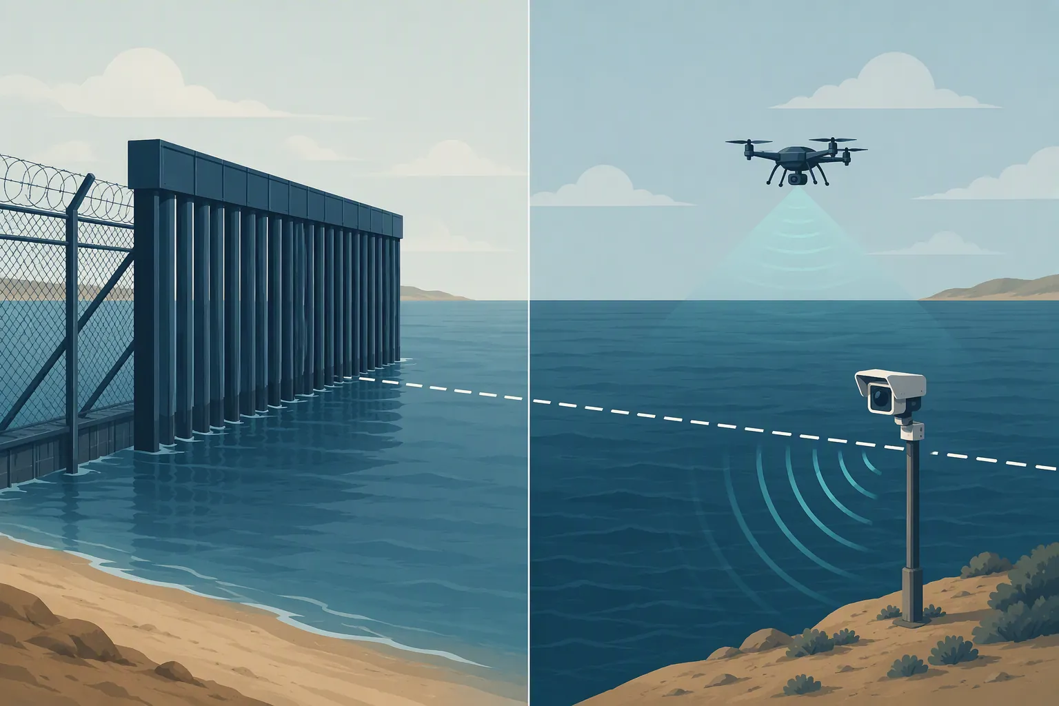 Illustration comparing a physical sea barrier with drone and sensor surveillance over open water