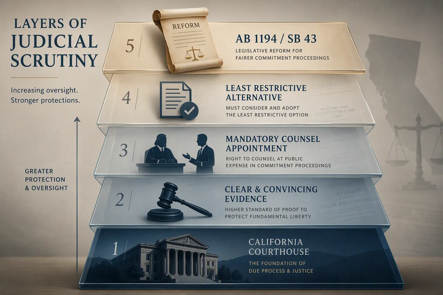 Layered courthouse oversight structure with judge, attorney, document, and reform icons