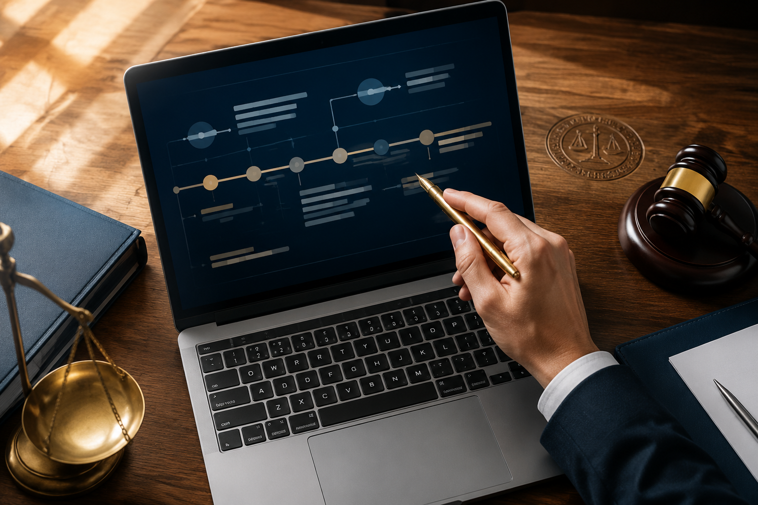 Attorney reviewing an AI-generated timeline on a laptop