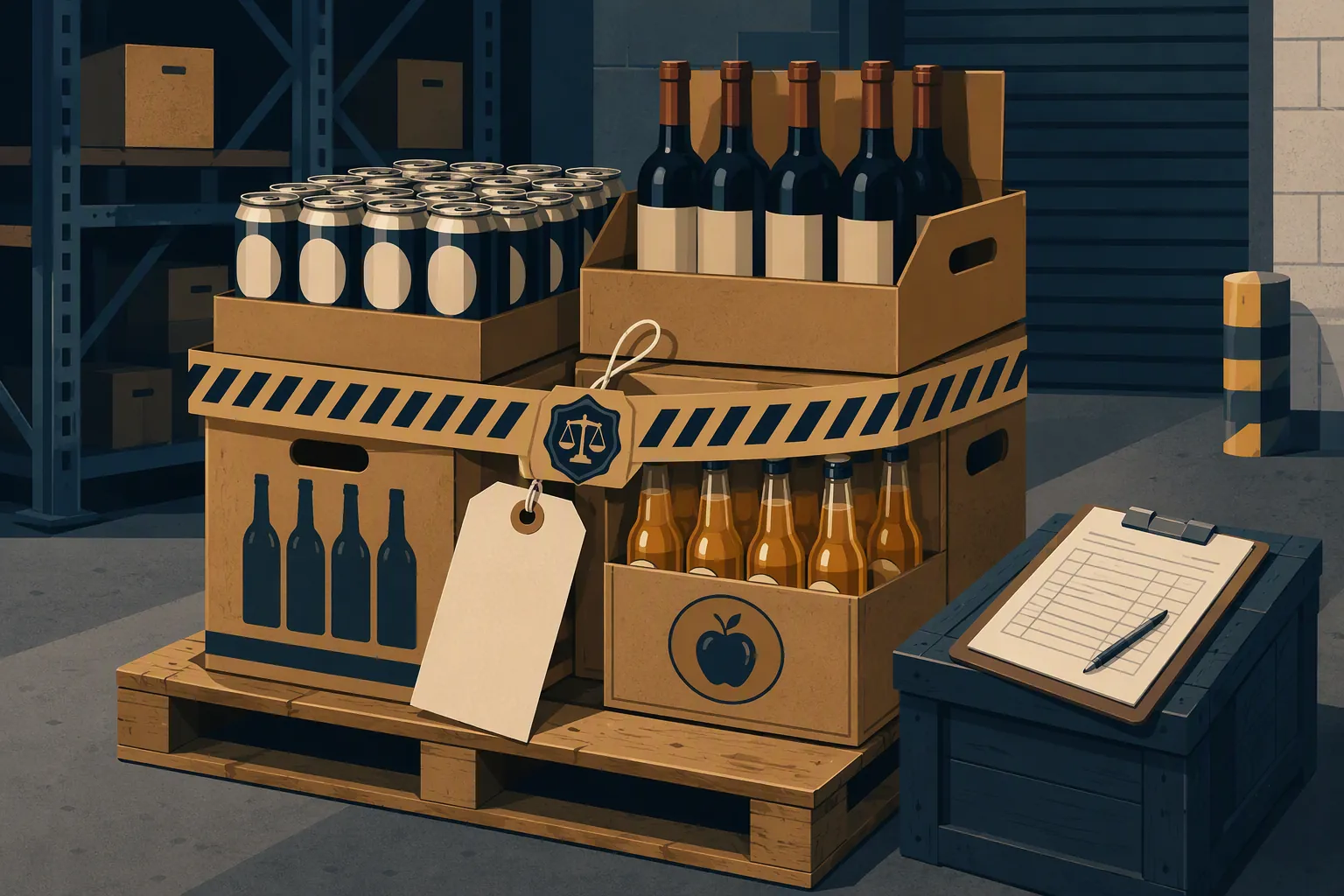 Illustration of seized beer, wine, and cider on a warehouse pallet with evidence seal tape and an inventory tag.