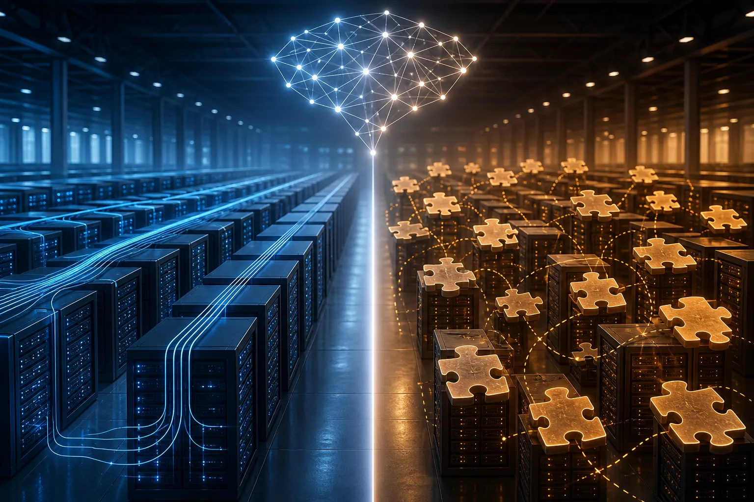 Split data center illustration contrasting an EU-wide regime with a fragmented US state patchwork