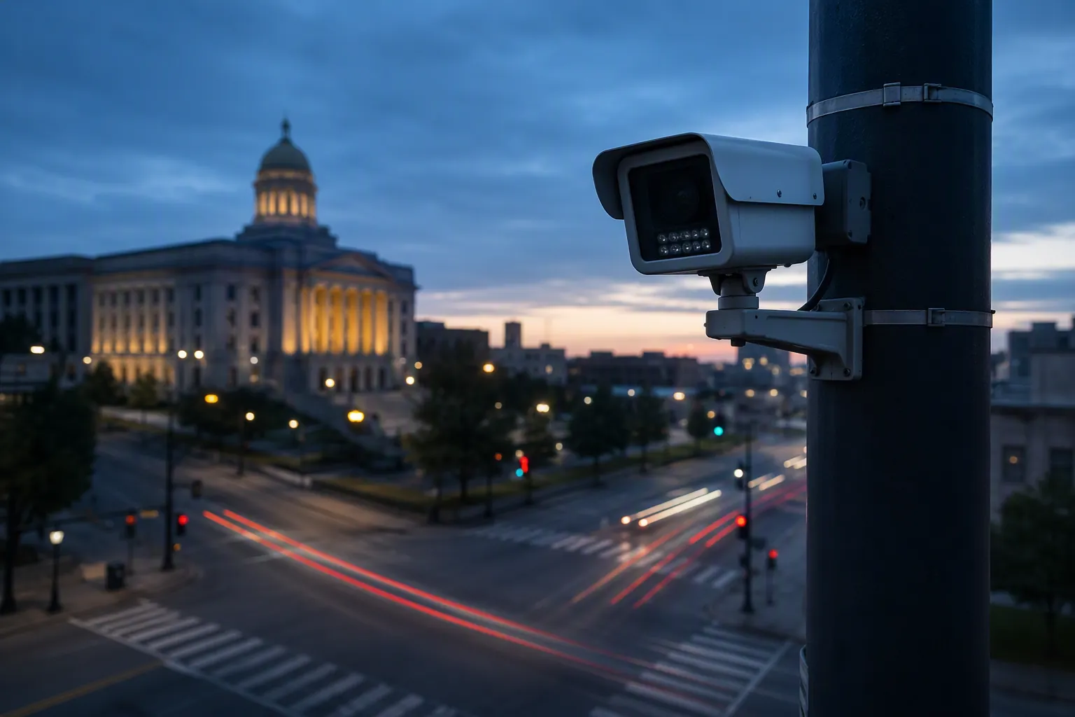 Pole-mounted automatic license plate reader camera overlooking a city intersection near a courthouse at dusk