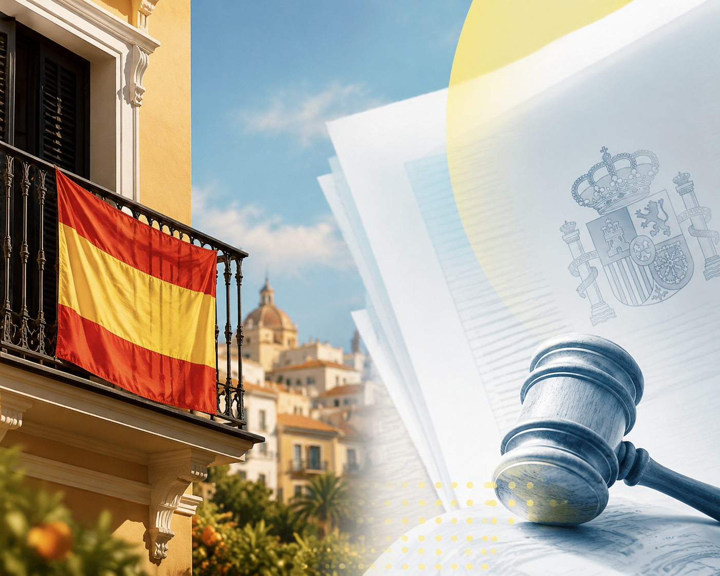 Spanish balcony with a flag contrasted with an official legal document
