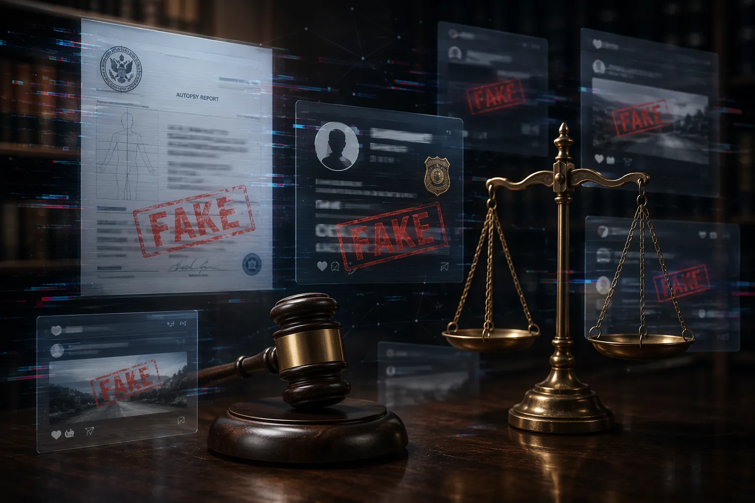Gavel and scales with glitching digital documents, a fake police profile icon, and red watermark stamps