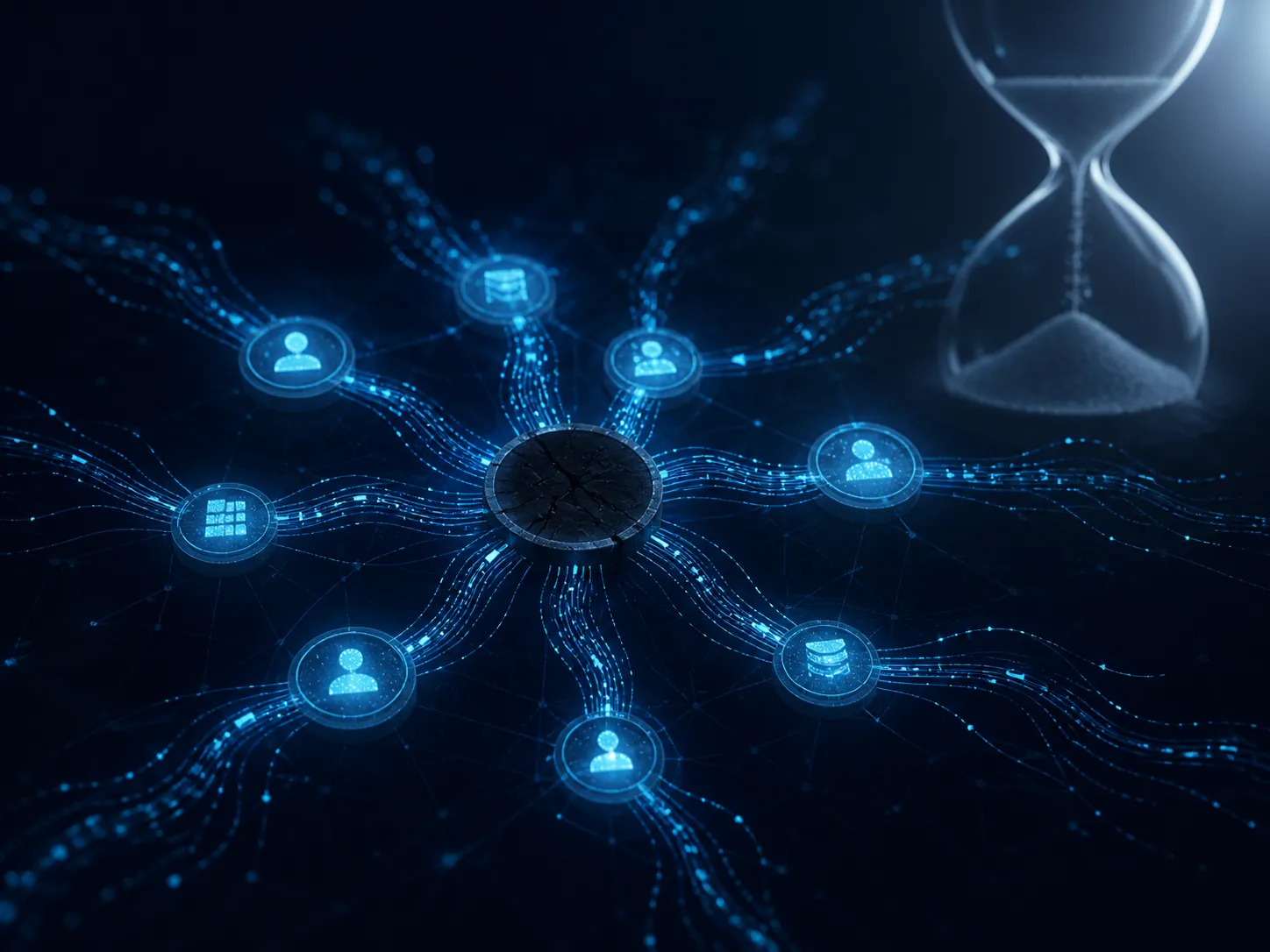 A dark central network node with data continuing to flow through surrounding nodes beside a faint hourglass