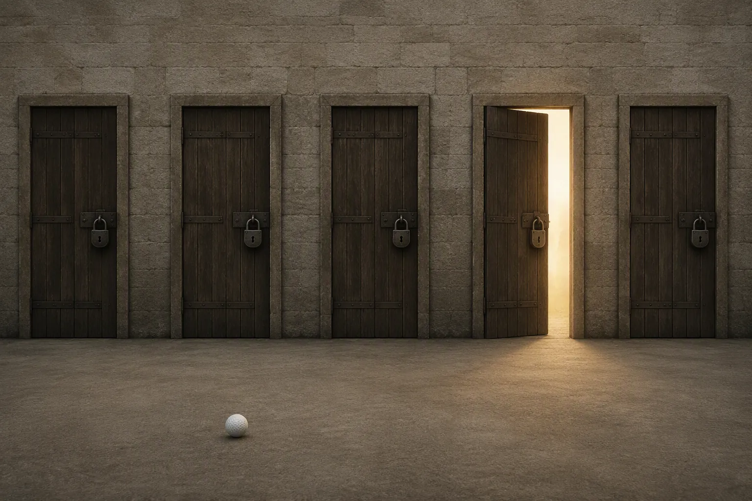 One open door among several locked doors with a golf ball in the foreground