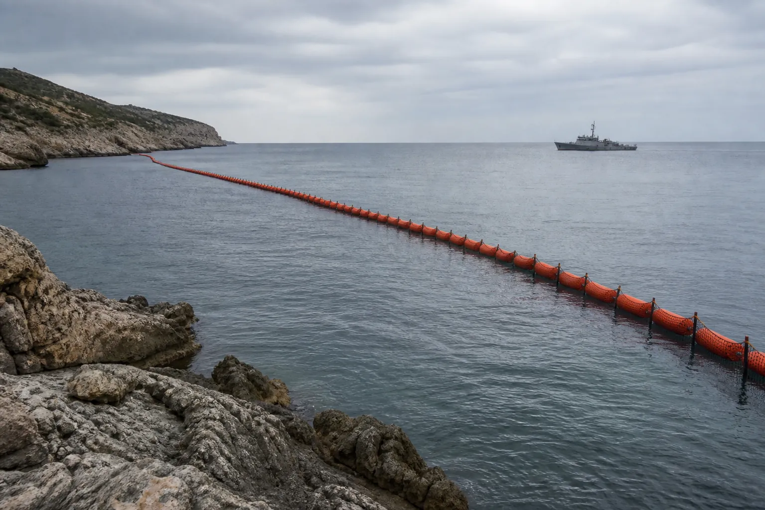 Floating maritime barrier of orange buoys and mesh extending from a rocky coastline with a patrol vessel offshore