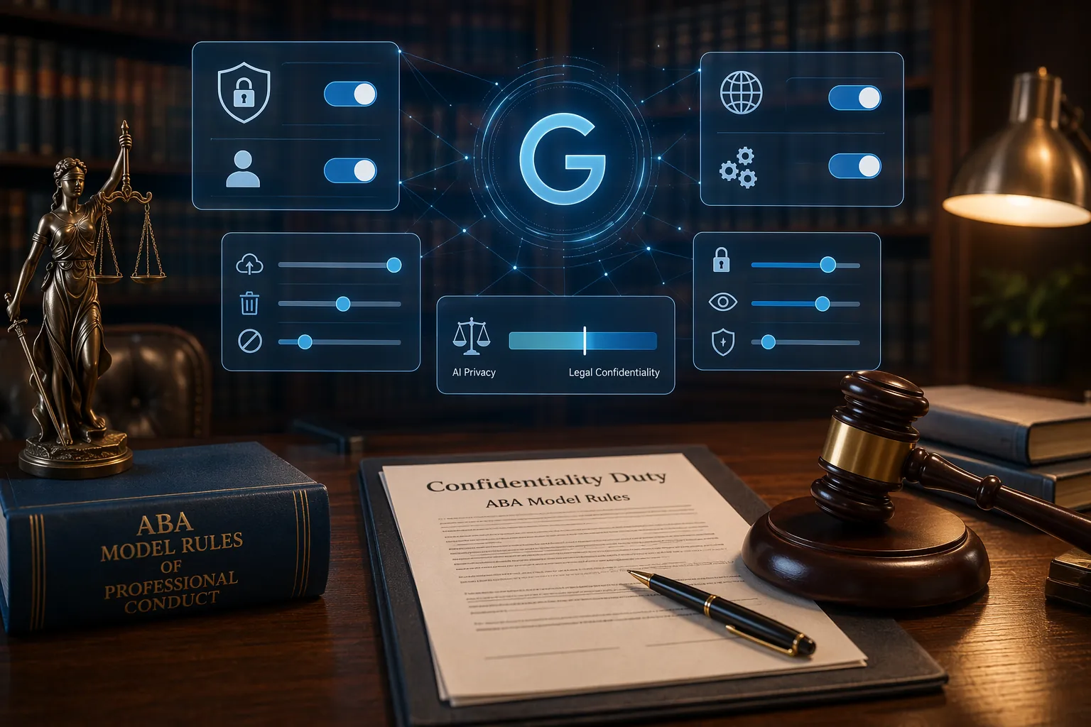 A lawyer's desk with legal documents and digital privacy controls floating above it