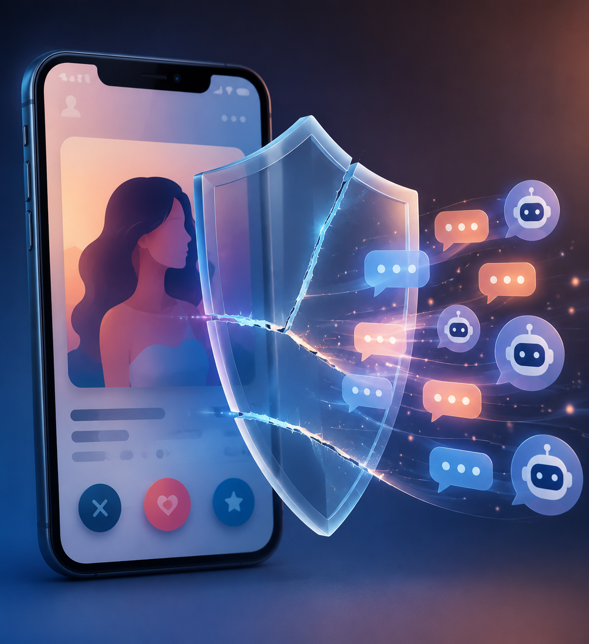 A dating app screen with chatbot bubbles and a cracked legal shield over it