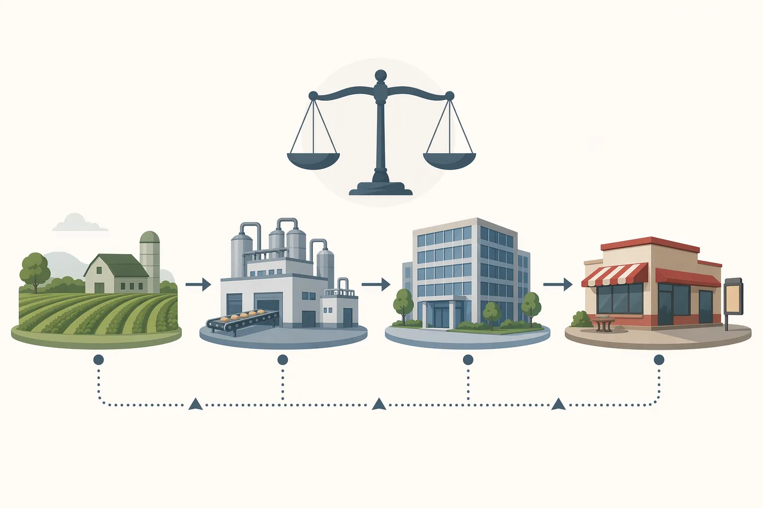 Illustrated supply chain liability flow connecting a farm, processing facility, corporate office, and fast-food restaurant