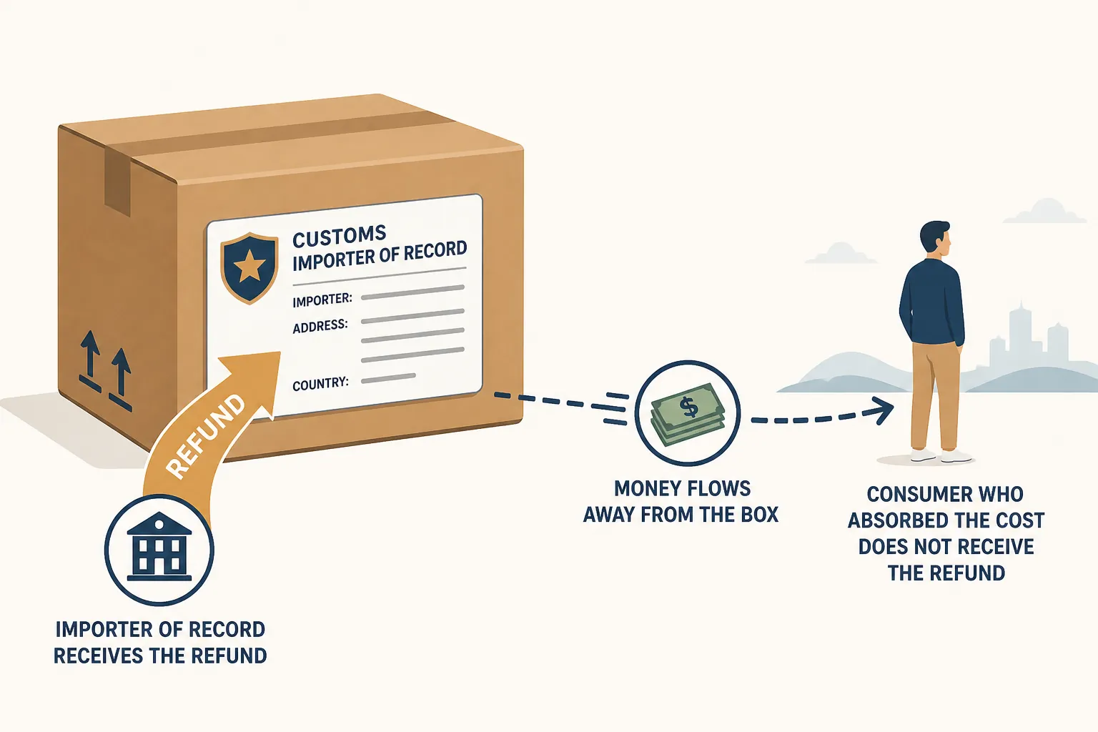 Parcel customs label receiving refund arrow while money flows toward a distant consumer figure
