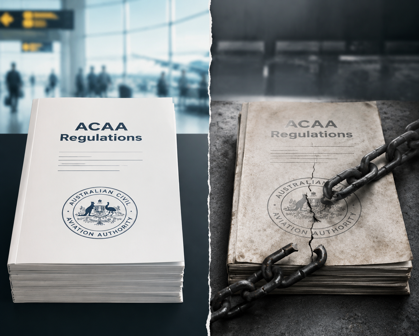 Conceptual image contrasting intact ACAA regulations with faded documents and a broken chain over an airport background