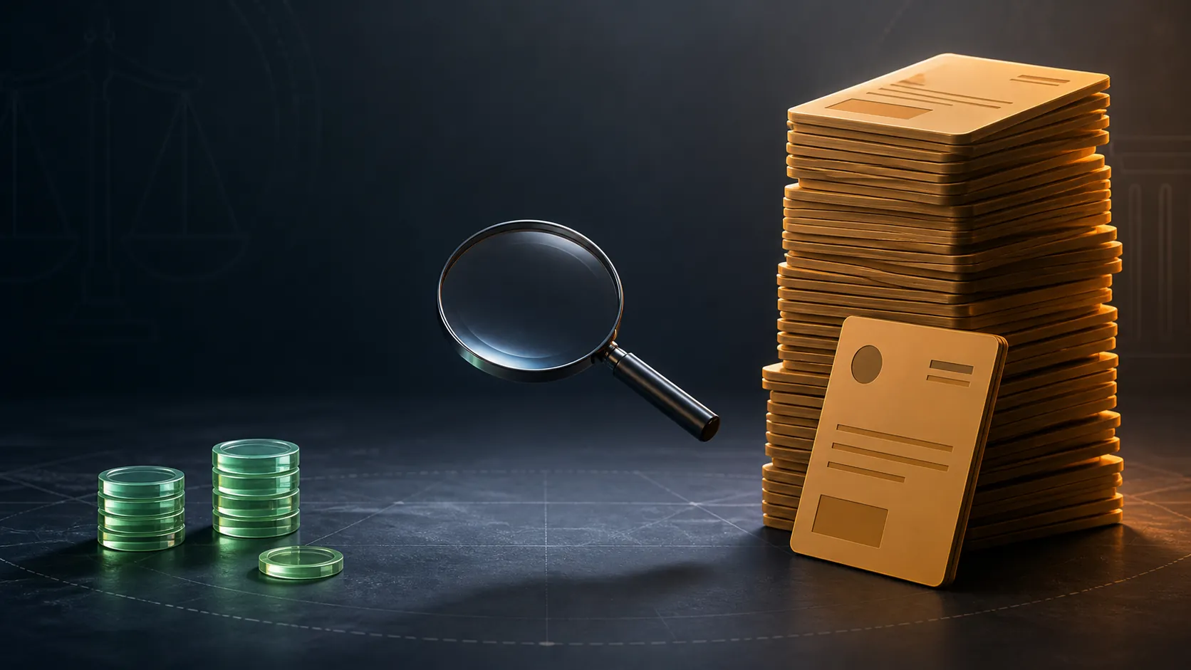 Small raw inference cost coins contrasted with a large stack of legal AI subscription invoices