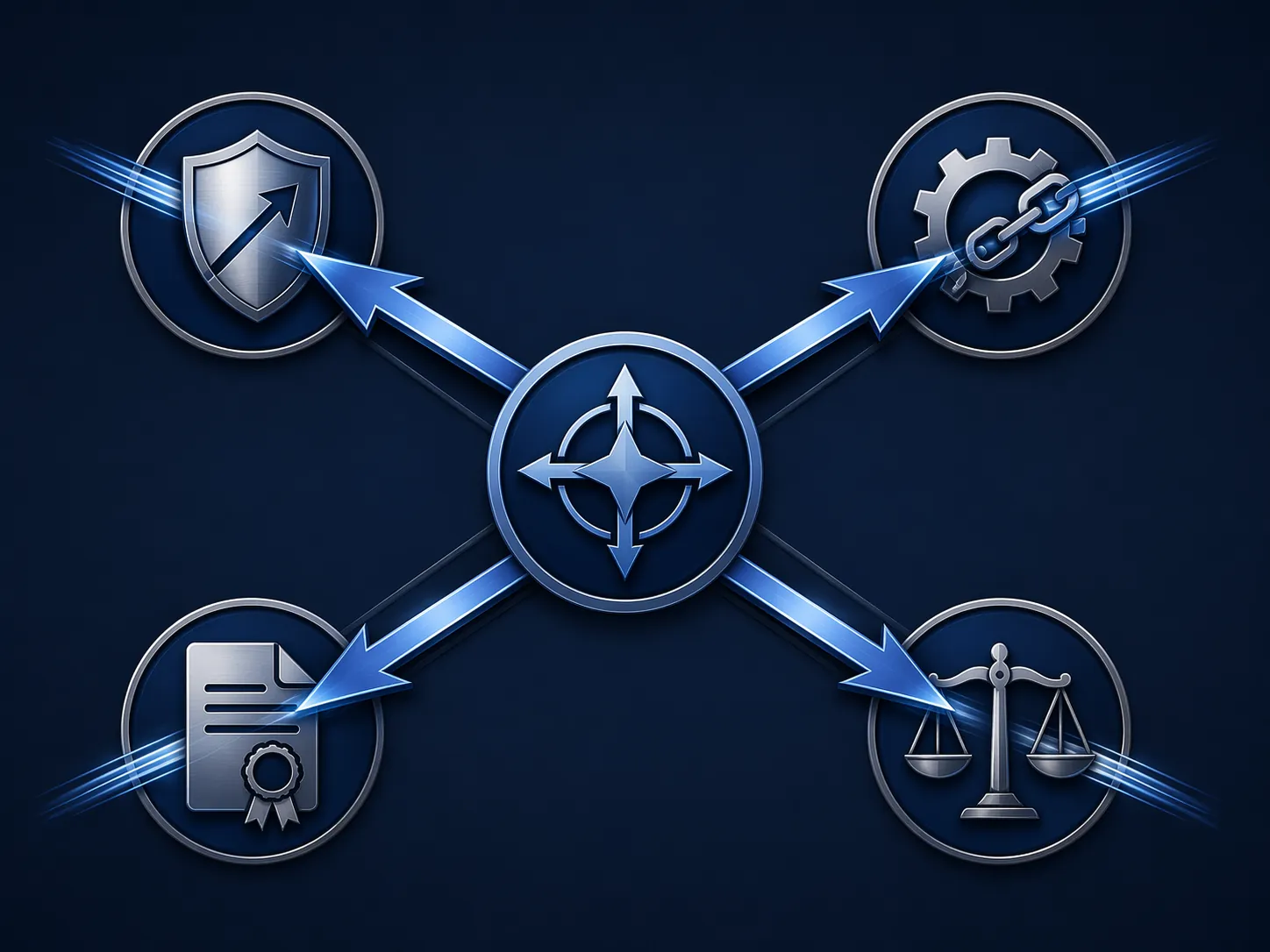 A central command hub sending precedence authority across export control, procurement, treaty compliance, and human rights frameworks