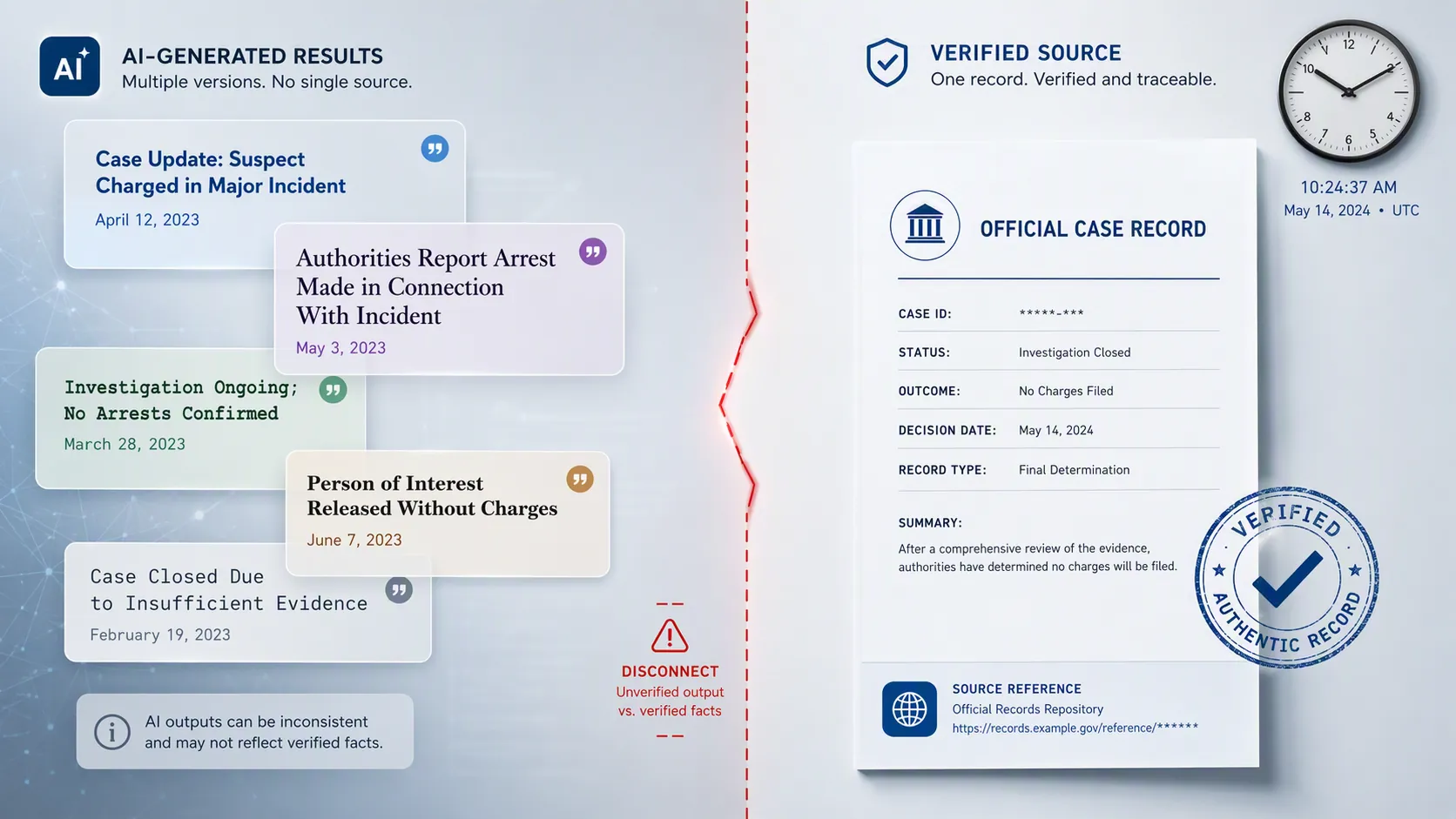 Conflicting AI search panels separated from a verified timestamped document