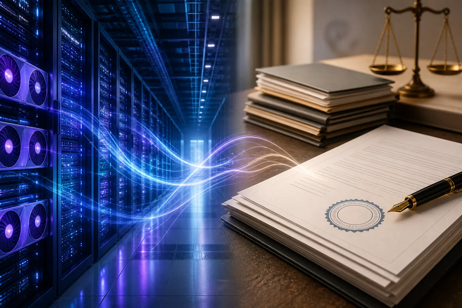 AI server racks and legal documents connected by streams of light