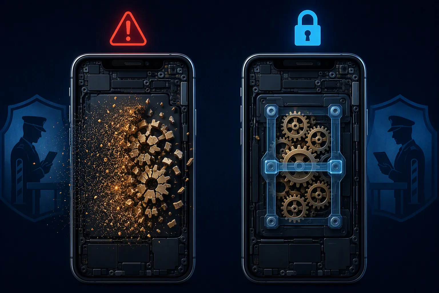 Two smartphone cross-sections comparing shattered encryption keys with a temporary lock