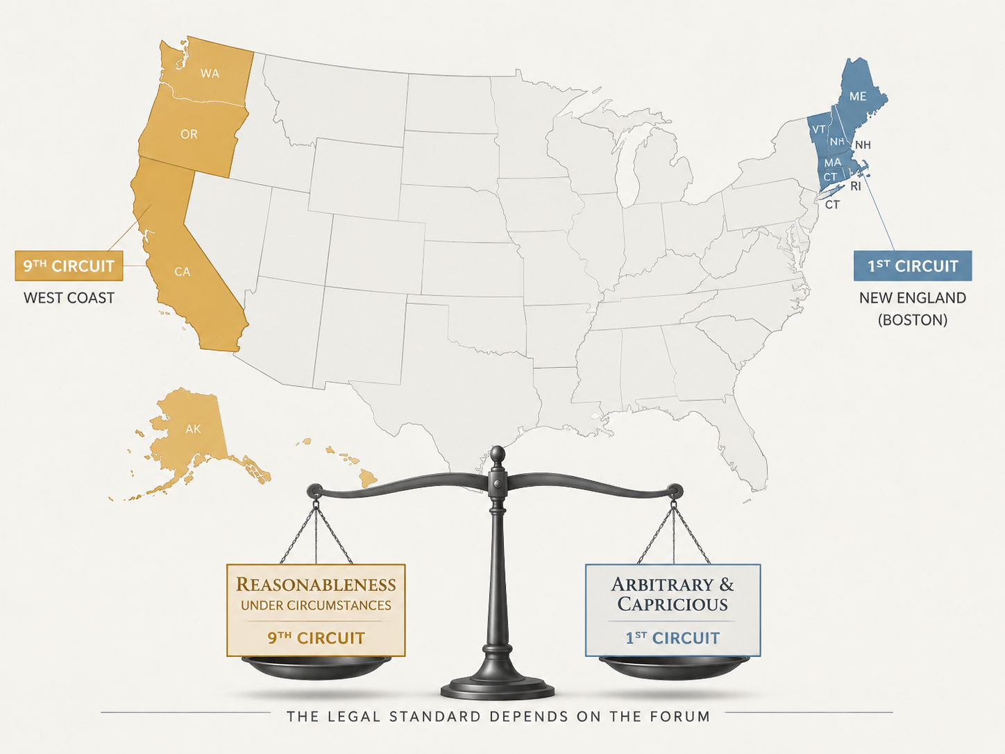Map of the United States highlighting the 1st and 9th Circuits with competing airline removal review standards