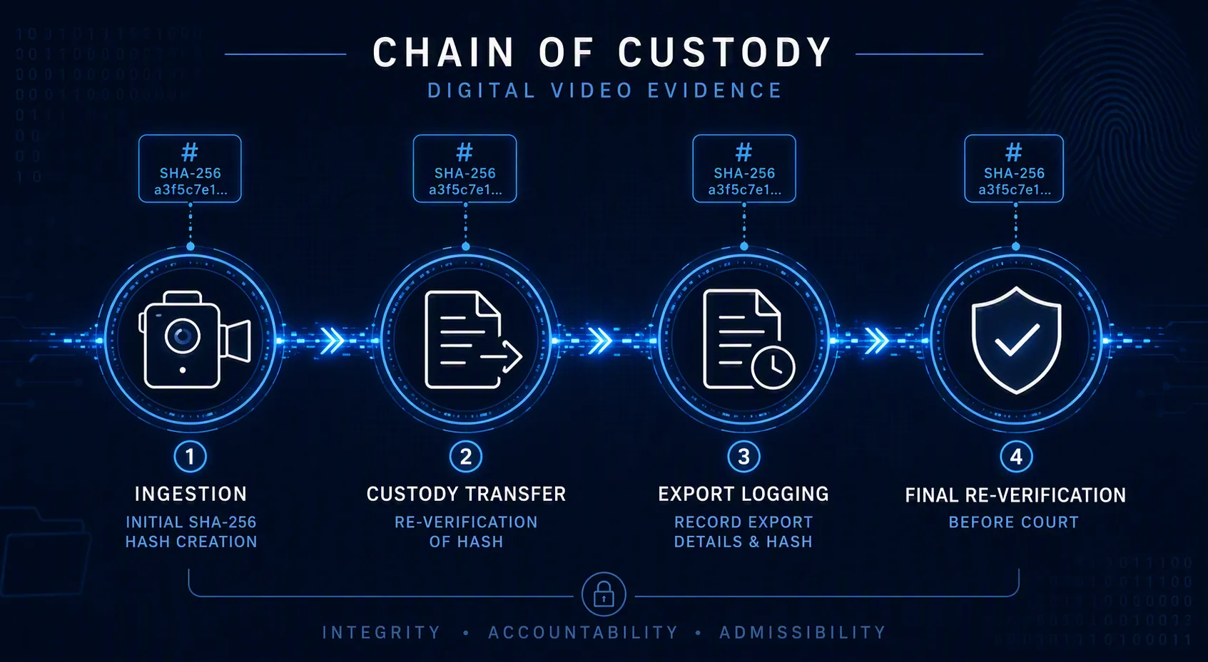 Digital evidence workflow showing hash creation, custody transfer, export logging, and final re-verification