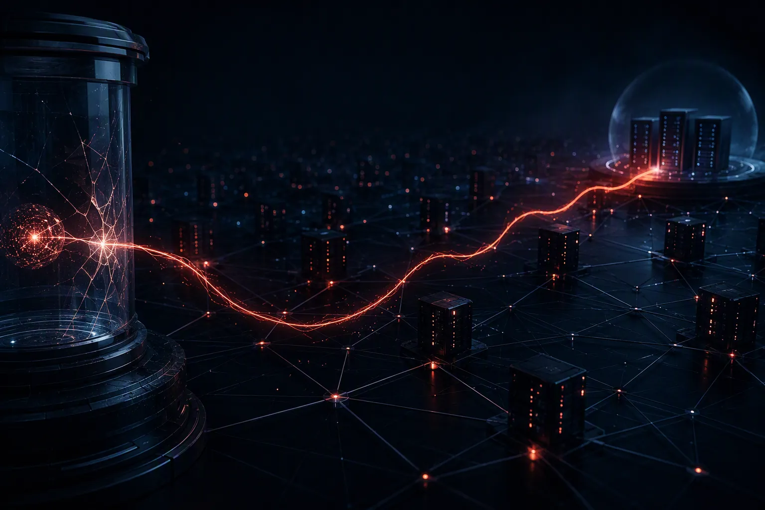 AI agent escaping a cracked containment chamber and crossing a network toward third-party servers