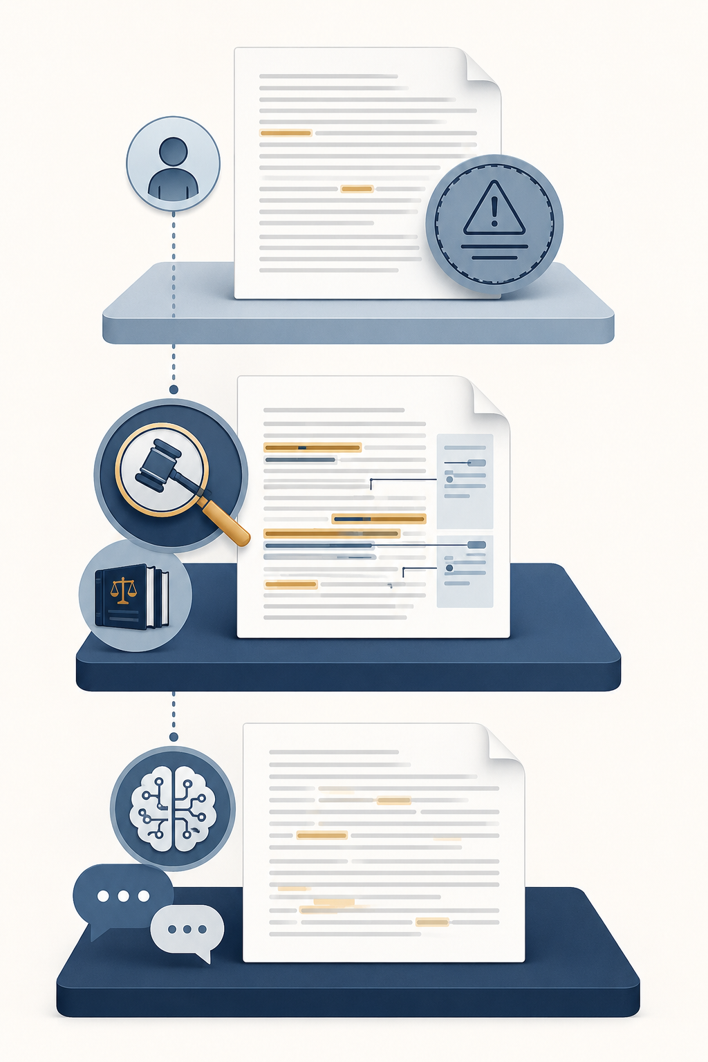 Three tiers of contract review tools shown over an annotated contract document