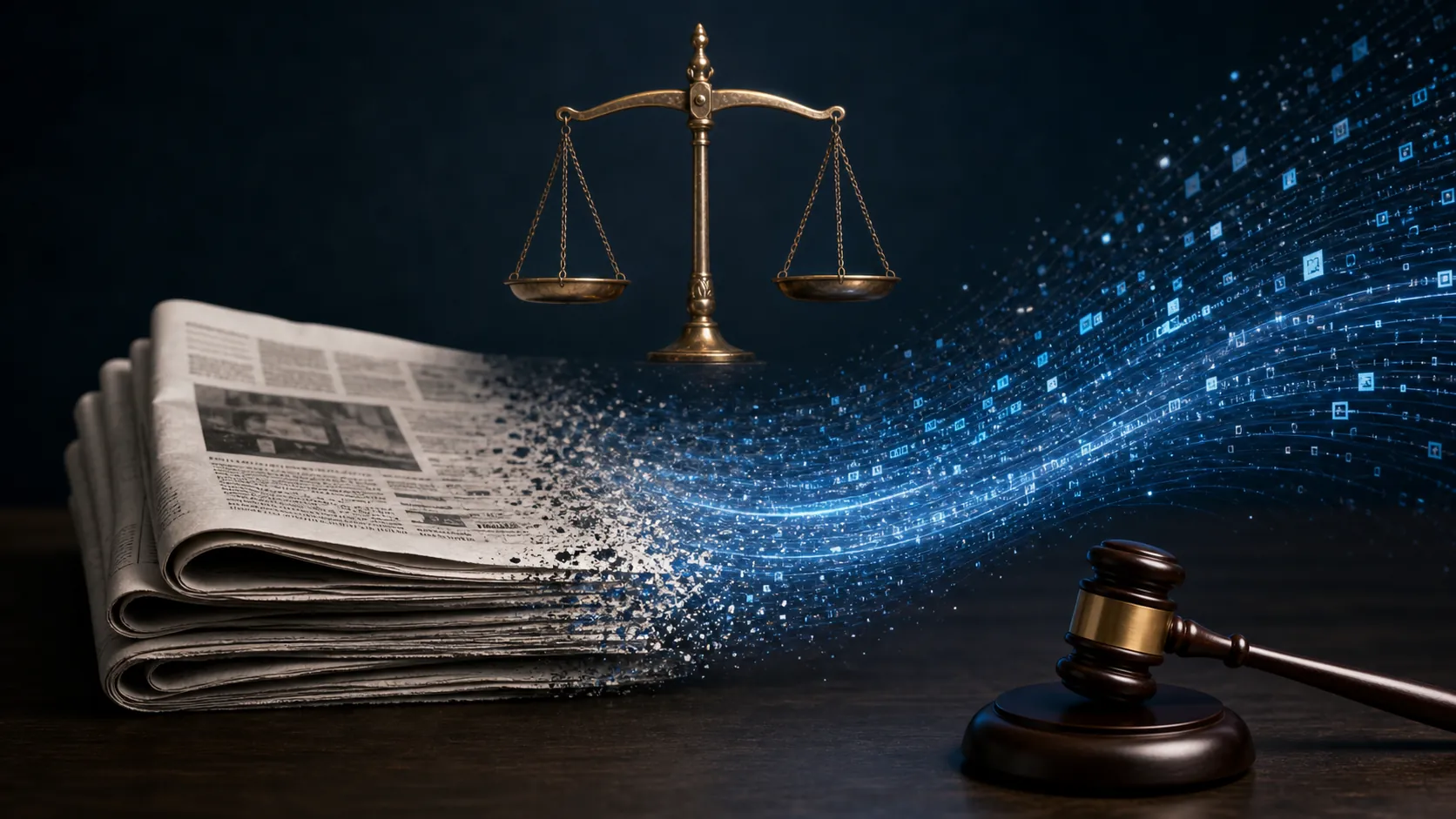 Editorial illustration of a newspaper dissolving into blue data streams under scales of justice with a gavel in the foreground