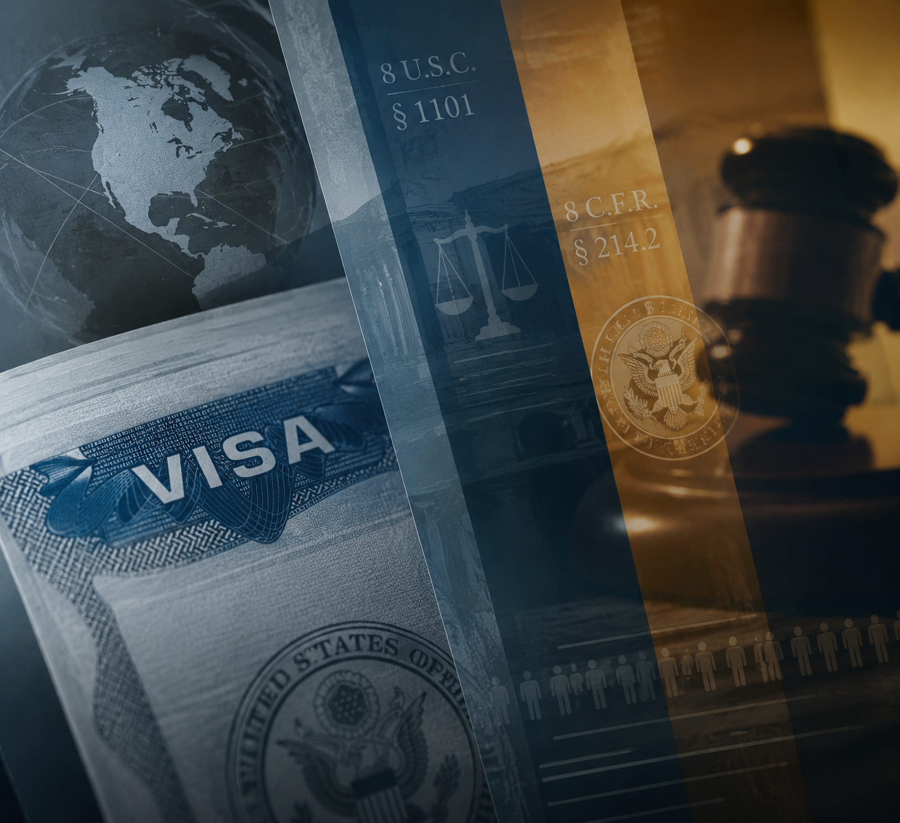 A U.S. visa document layered with legal policy symbols and diplomatic elements