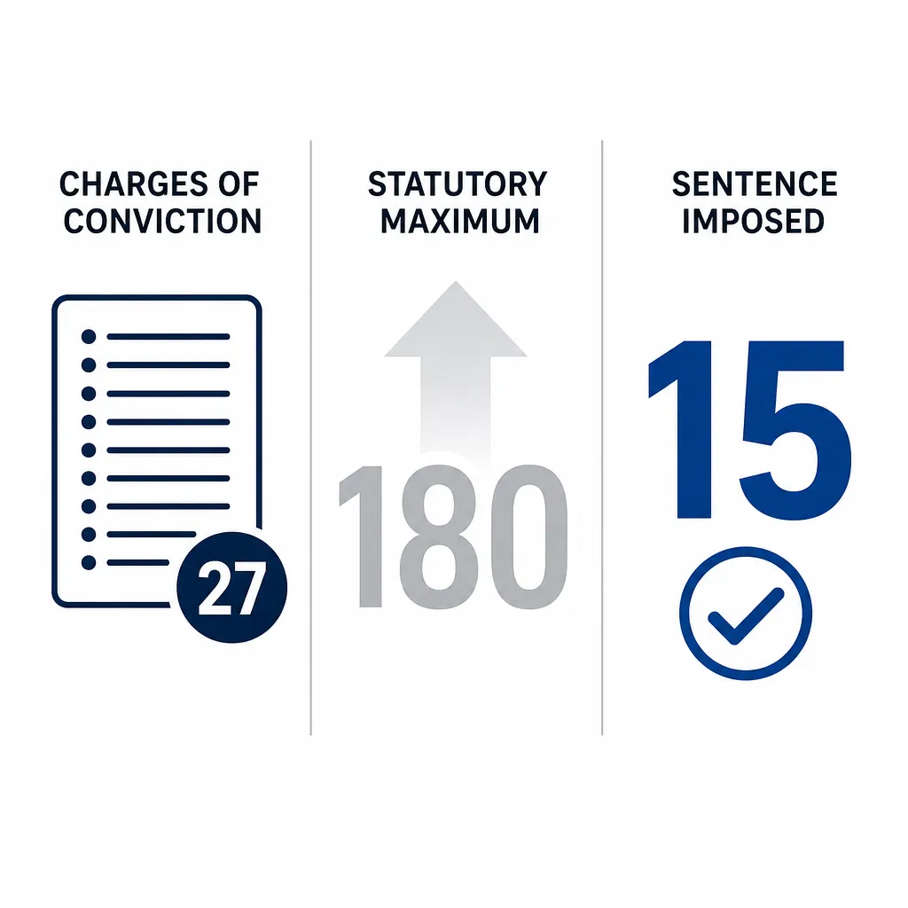 Three-panel comparison of charges of conviction, statutory maximum, and sentence imposed