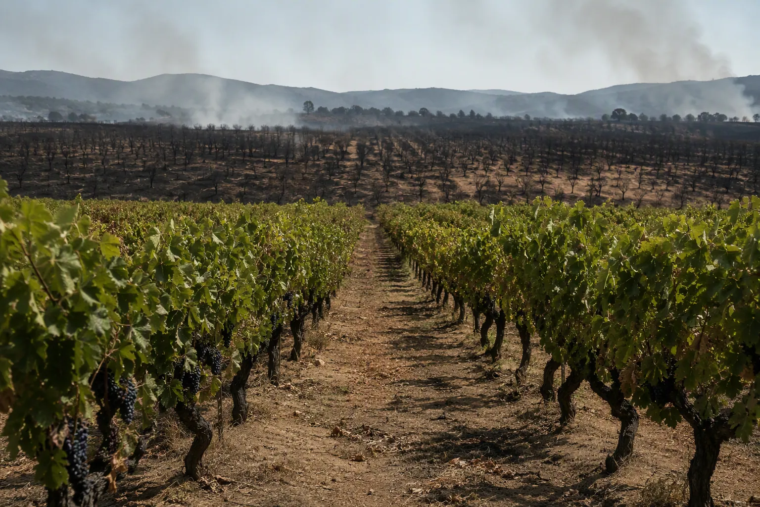 Southern French vineyard with green ripening rows in the foreground and charred rows under smoke haze in the distance