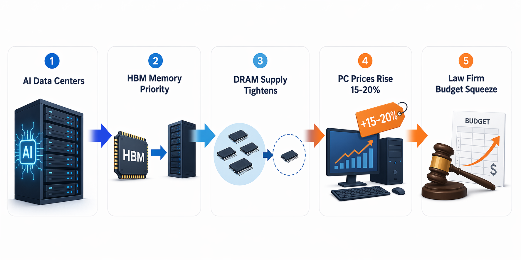 Flow diagram linking AI data center demand to HBM priority, tighter DRAM supply, rising PC prices, and law firm budgets