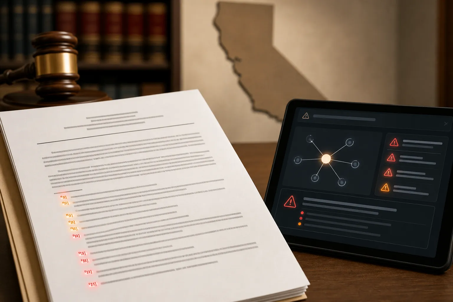 A legal document with highlighted citation footnotes beside an AI chat interface and warning icons