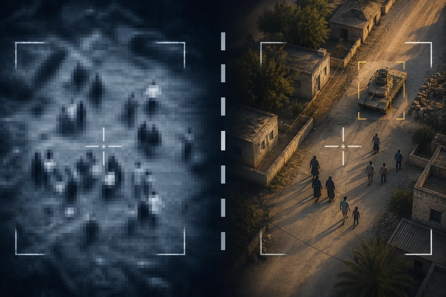 Split-screen comparison of a grainy drone feed and a clearer scene distinguishing civilians from a lawful military target