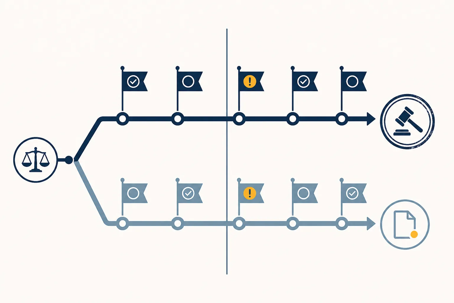 Two parallel case timeline tracks diverging from one origin and ending with different procedural markers
