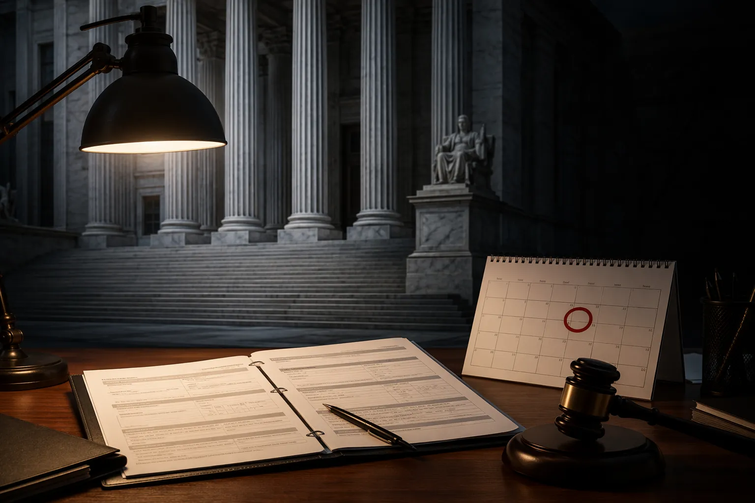 Gavel, open I-9 Employment Eligibility Verification form, and a calendar page with July 10 circled in red