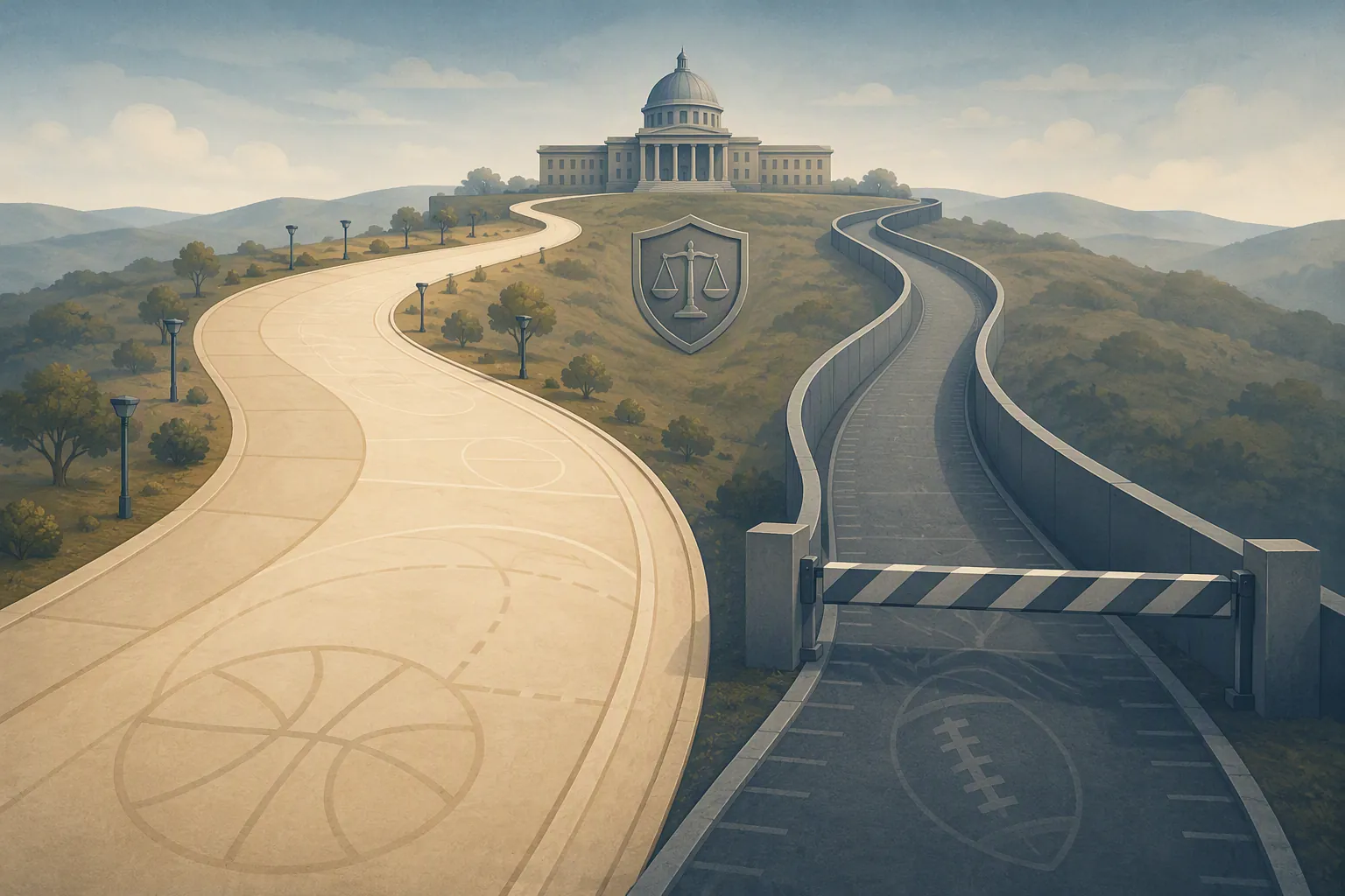 Diverging basketball and football pathways showing different levels of access around agent transportation rules