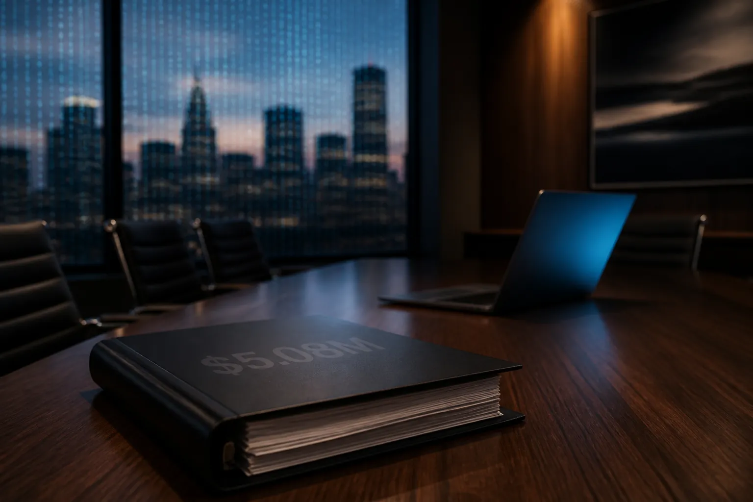 Law firm conference room with a $5.08M breach-cost overlay, laptop light, and city skyline behind a digital grid