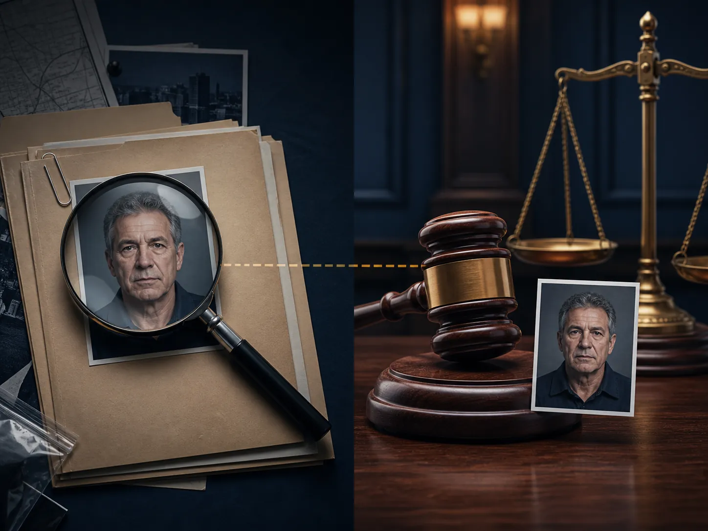 A case file and portrait connected by a dashed line to a judge's gavel and scales of justice, contrasting investigative and courtroom use