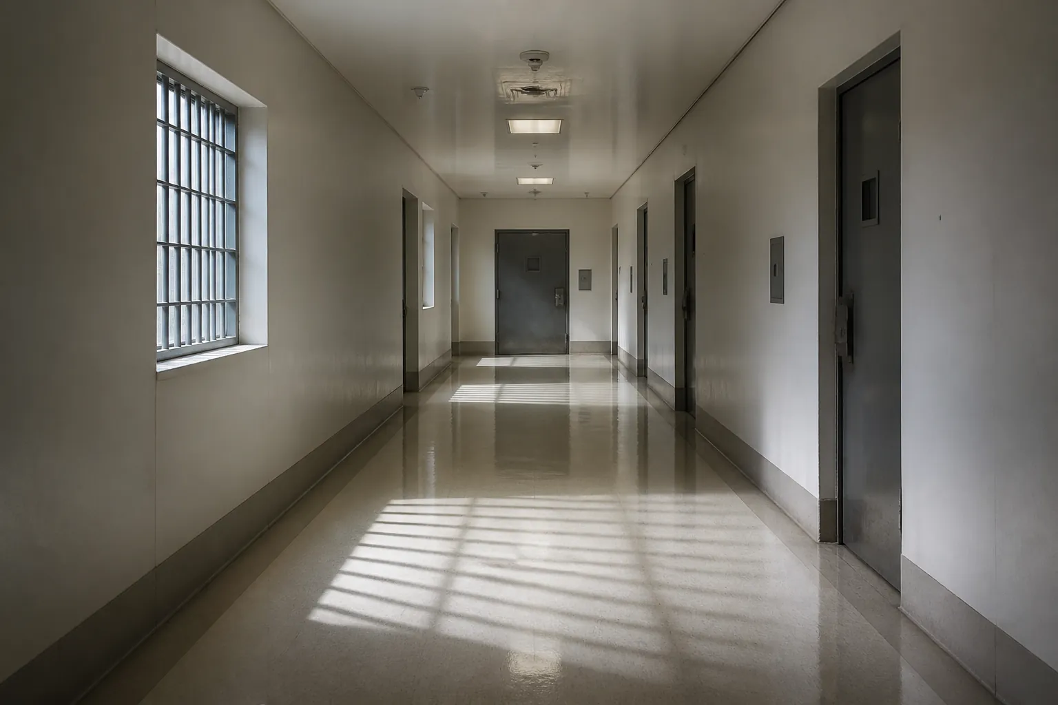 Secure state psychiatric facility corridor with a sealed metal door and barred-window shadow