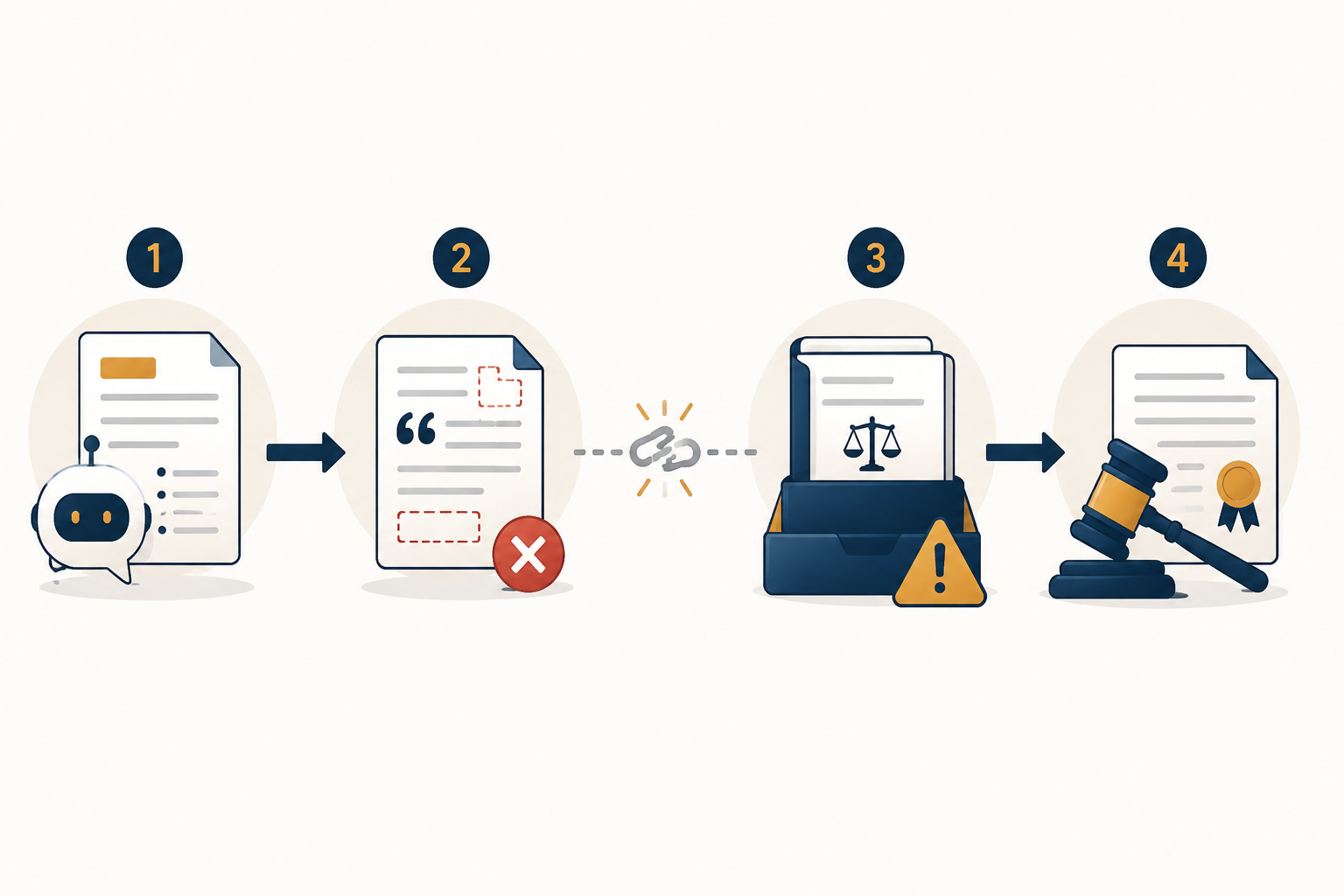AI-generated document moving through fabricated citations, court filing, and sanctions stages