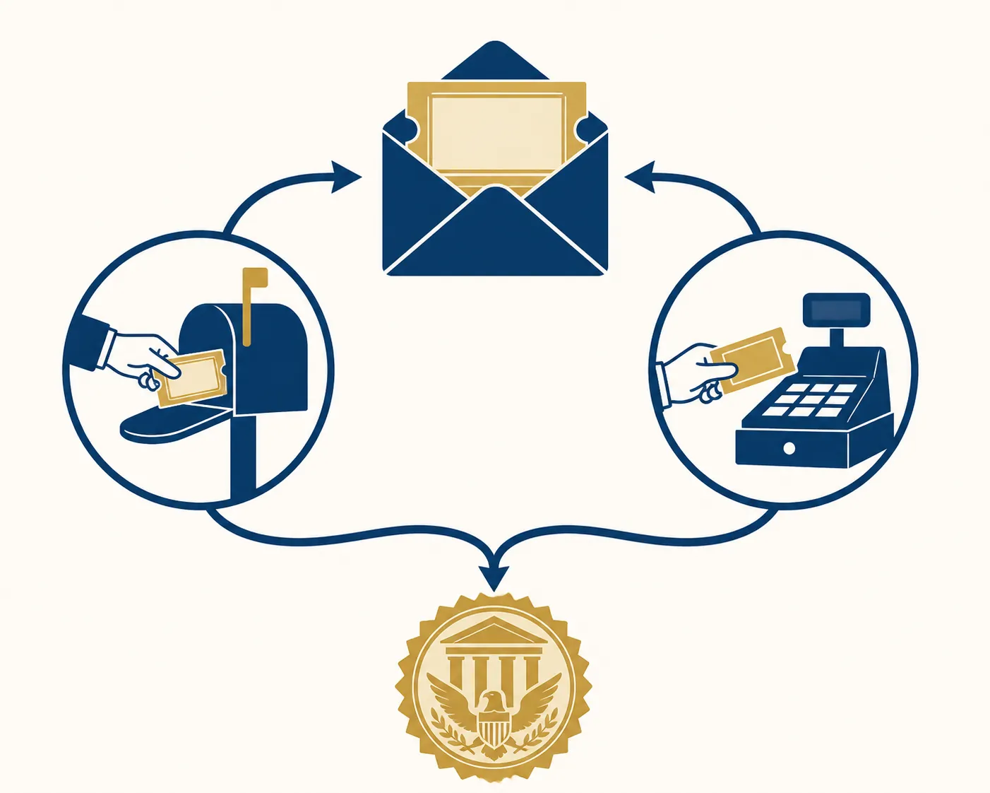 Diagram of one mailed lottery ticket leading to theft and possession prongs of federal exposure