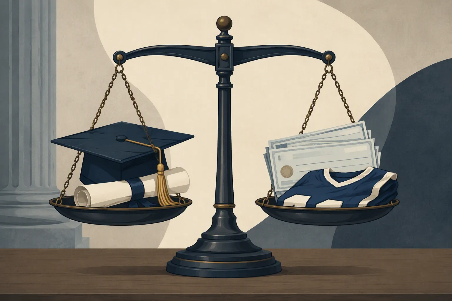 Balance scale weighing scholarship certificate against payroll checks and athlete jersey
