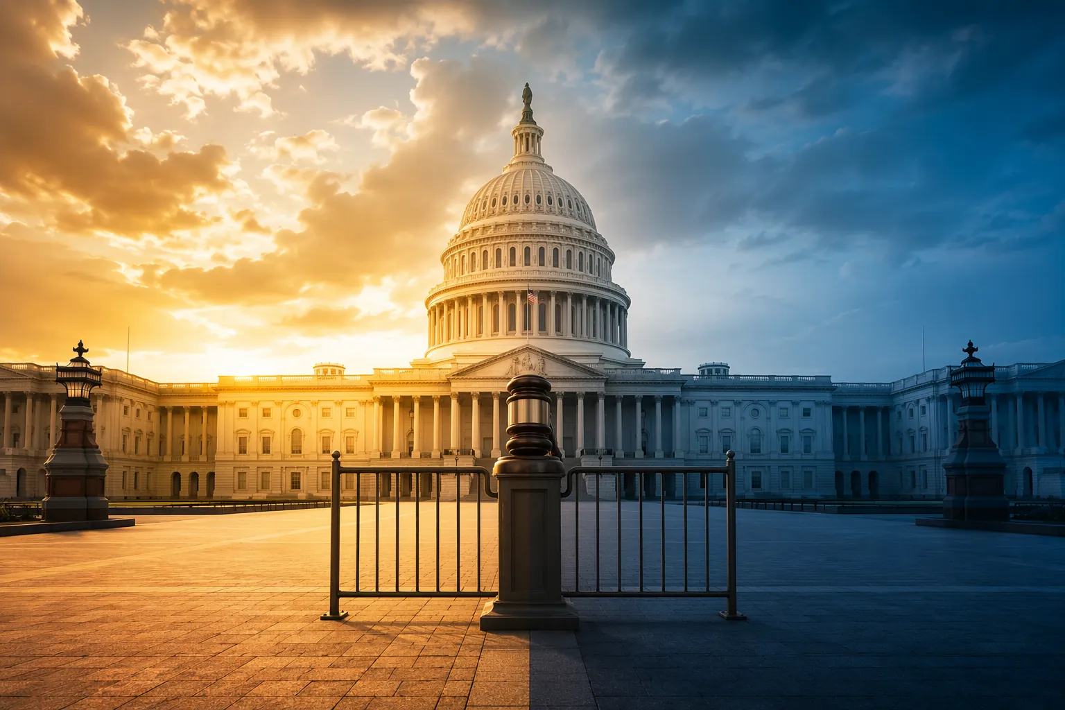 US Capitol with the House wing in warm light, the Senate wing in cool shadow, and a gavel-shaped procedural barrier between them