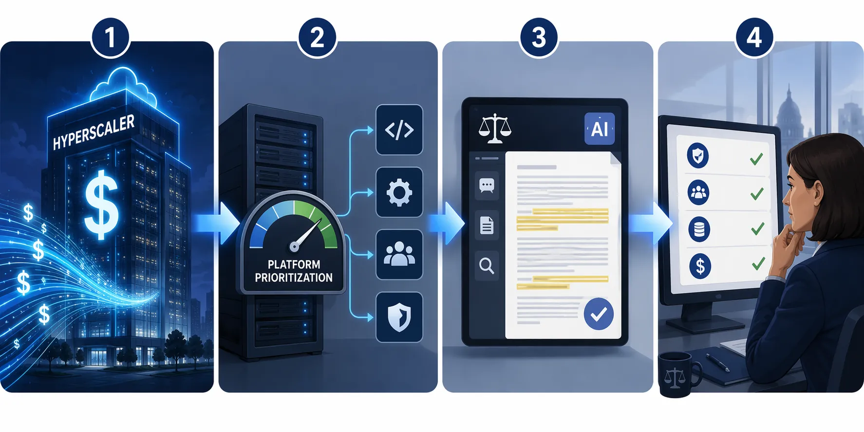 Four-stage diagram showing hyperscaler AI capex flowing through engineering priorities to legal AI reliability assessment