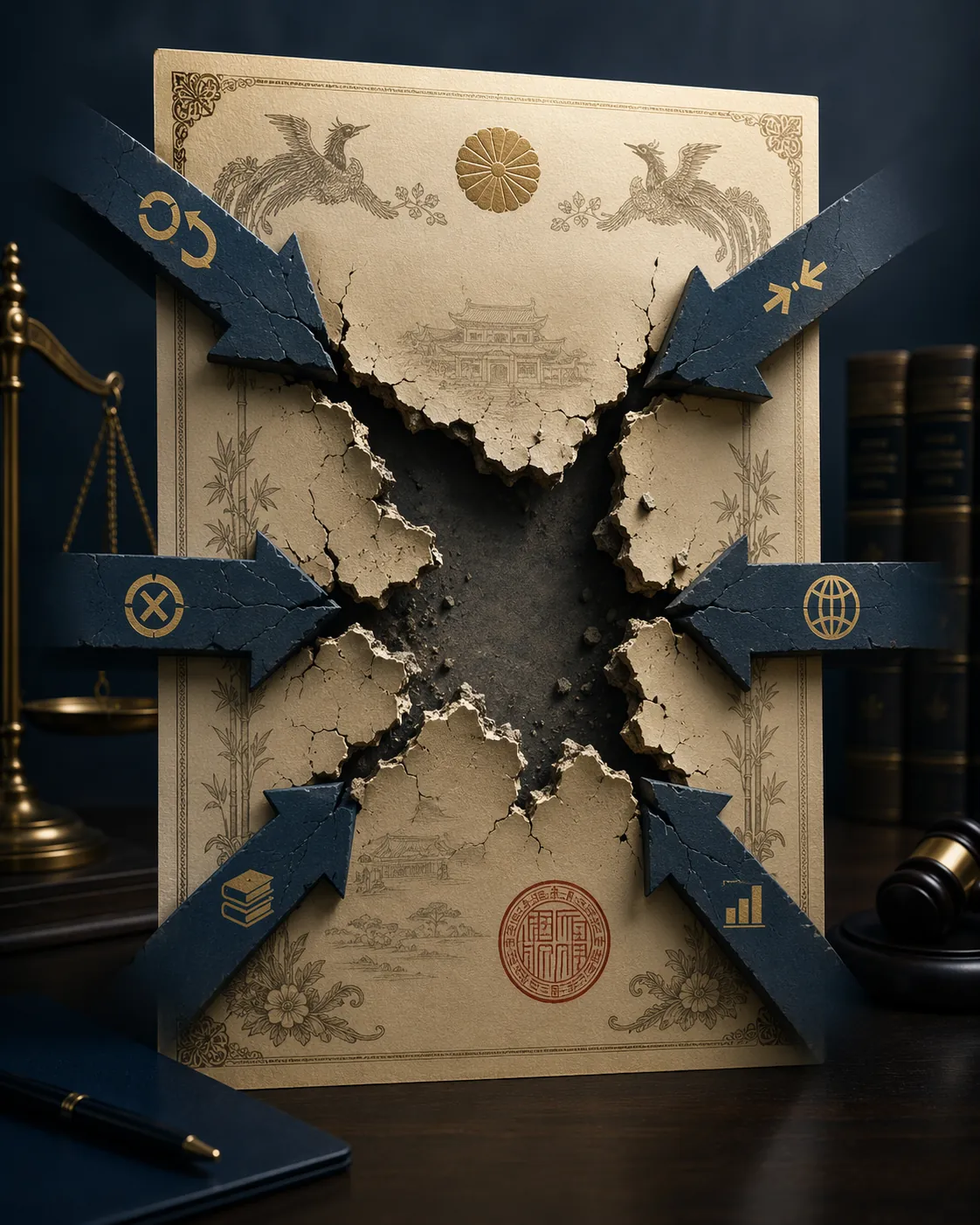 Japanese patent document with a red official seal and six cracks spreading across it on a dark legal desk