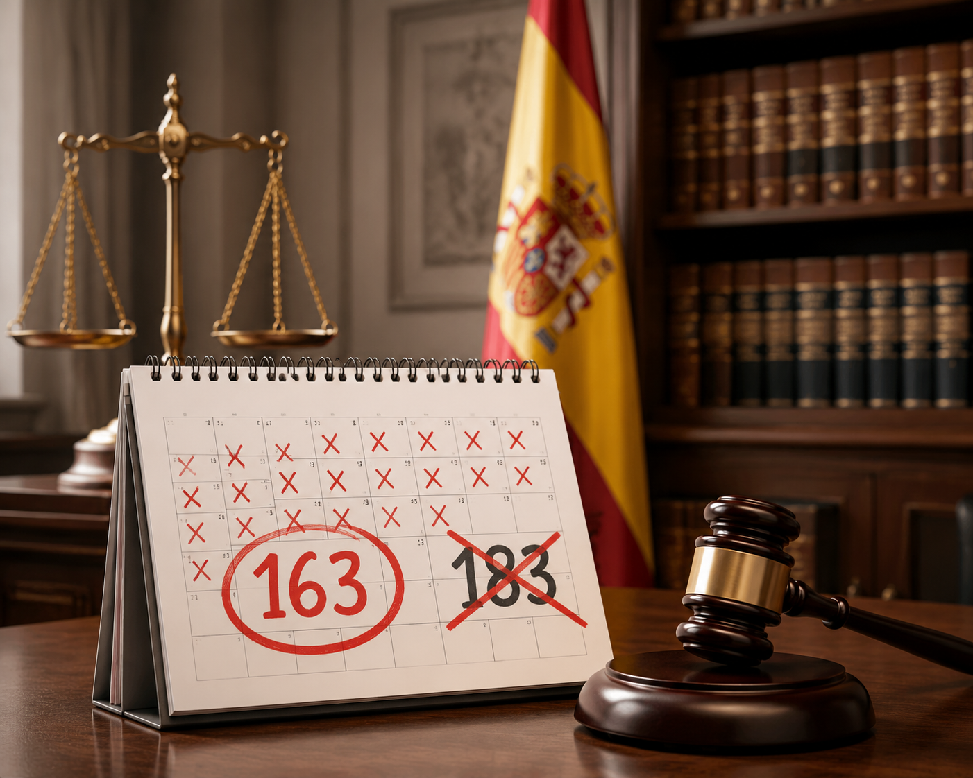 Spanish courtroom with a calendar showing 163 days, a crossed-out 183-day threshold, a gavel, and scales of justice